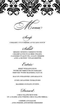 a black and white menu card with an ornate design on the front, featuring damask