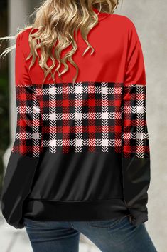 Patchwork Plaid Red Cowl Neck Long Sleeve Sweatshirt Shapewear Swimsuit, Cheeky Shorts, Cowl Neck Sweatshirt, Denim Jean Skirt, Cowl Neck Long Sleeve, Blue Jumpsuits, Lovely Tops, Red Jumpsuit, Red Long Sleeve