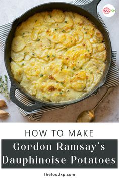 easy vegan potato gratin in a cast iron skillet with text overlay