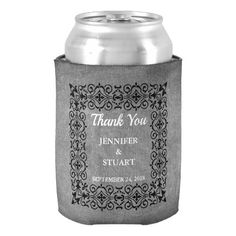 a can cooler with the words, thank you and an ornate frame on it's side