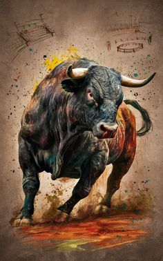 an artistic painting of a bull with paint splattered on it