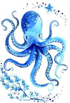 an octopus with blue watercolor paint on it's face and tentacles, surrounded by seaweed