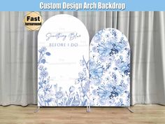 a white and blue backdrop with flowers on it for a ceremony or event design arch back drop