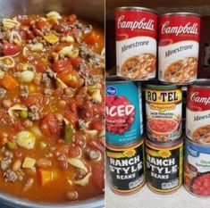 canned food and canned soups are shown in two different pictures, one is red