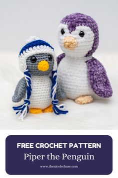 two crocheted penguins sitting next to each other with text overlay that reads free crochet pattern piper the penguin