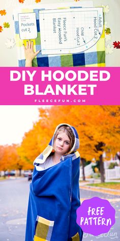 a girl wearing a hooded blanket with the text diy hooded blanket free pattern