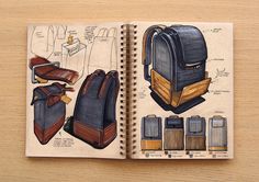 an open notebook with drawings of backpacks and purses on the pages, sitting on top of a wooden table