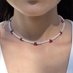 Cherry pearl choker 🍒  Made with (4mm) Czech Glass Pearl Beads, (4mm) Chinese Crystals and (3mm) Toho seed beads with sterling silver materials.  ✔️ cute and dainty ✔️ high quality ✔️ waterproof ✔️ lasts long ✔️ adjustable choker size: 35cm with 5cm extension. 🍒 Get matching bracelets: https://saintliliosajewels.etsy.com/listing/1475492404 🍒 website link: https://www.saintliliosajewels.com/listing/1475492404/cherry-bracelet-necklace-pearl-bracelet 🍒Get the necklace version: https://saintlili Cherry Pearl Necklace, Cherry Bracelet, Cherry Pearl, Cherry Necklace, Pearl Jewelry Design, Black Pearl Necklace, Letter Bracelet, Doll Jewelry, Matching Ring