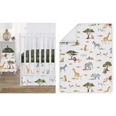 a baby crib bedding set with giraffes and zebras