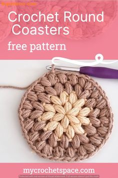 crochet round coasters with text overlay that says free pattern