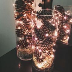 pine cones and lights are in glass vases