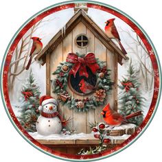 a birdhouse decorated with christmas decorations and birds