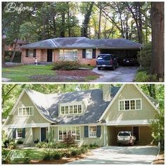 before and after pictures of a house in the woods, with one car parked on the driveway