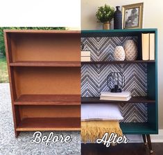 before and after photos of a bookcase makeover