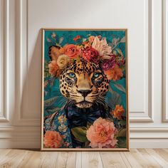 a leopard with flowers on its head is in front of a white wall and wooden floor