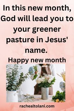 a woman standing in front of flowers with the words happy new month