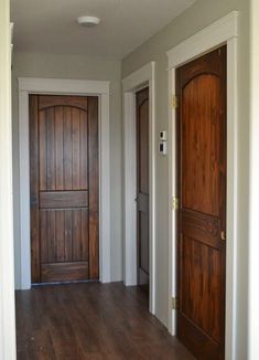 an empty hallway with two wooden doors and hard wood flooring on the other side