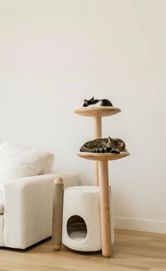 a cat sitting on top of a wooden scratching tower next to a white couch in a living room