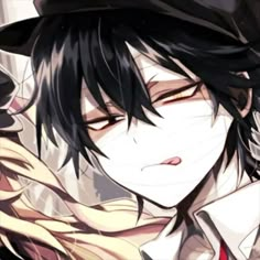 an anime character with black hair wearing a fedora