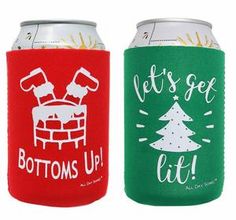 two can coolers with christmas designs on them, one is green and the other is red