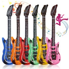 five guitars with different colors and designs on them