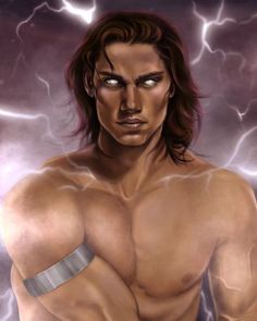 a man with long hair and no shirt standing in front of a lightning background, holding his hands on his hips