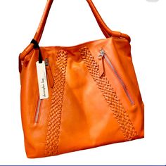 Nwt Orange Leather Hobo Bag. Fall Soft Leather Bag For Errands, Fall Errand Bags In Soft Leather, Leather Satchel For Errands In Fall, Fall Leather Satchel For Errands, Orange Leather Handheld Shoulder Bag, Leather Shoulder Bag With Zipper Closure For Shopping, Orange Leather Shoulder Bag With Zipper Closure, Fall Satchel With Zipper Closure For Errands, Leather Bag With Zipper Closure For Errands