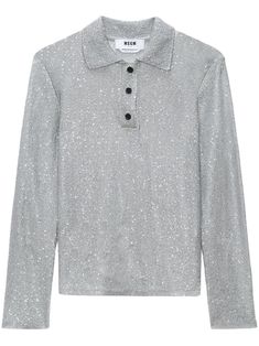 grey sequin embellishment polo collar front button placket long sleeves straight hem Sequin Embellishment, Wardrobe Edit, Yoko London, Knit Polo, City Dress, Knitted Tops, Iconic Bags, Dolce E Gabbana, Summer Beach Wear