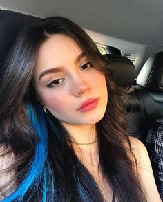 Single Blue Streak In Hair, Small Dyed Hair Ideas, Black Hair Color Streaks, Streak Of Hair Dyed, Blue Strip In Brown Hair, Side Of Hair Dyed, Brown Hair With Colored Peekaboo, Underneath Hair Color For Black Hair, Layered Hair With Color