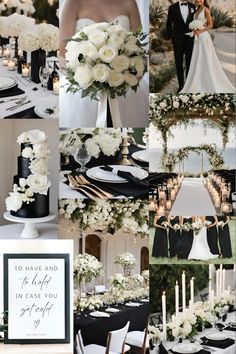 a collage of photos with white flowers and black accents, including a bride and groom