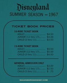 the disneyland summer book prices list is blue with black lettering on it and numbers for each ticket