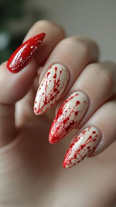 Get gory with these blood splatter nails for a spine-tingling Halloween look! Perfect for adding a touch of horror to your style. Click the pin and follow us for more frightfully fun nail inspirations! 🩸🔪  #BloodSplatterNails #HalloweenNails #NailArt #SpookyNails #NailInspo White Nails Blood Splatter, Cute Horror Nails, White Blood Splatter Nails, Halloween Blood Nail Art, Short Blood Splatter Nails, Art The Clown Terrifier Nails, Nails With Blood Design, White Nails With Blood Splatter, Horror Nails Easy