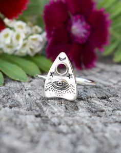 "Planchette Ouija Ring details: -Solid .925 sterling silver -Planchette measures approx. 14x11mm -Ring band measures 1.2mm wide -Comfortable and easily stackable! -Available in US sizes 1-11 with half sizes. *Planchette Stacking Ring set shown here: https://www.etsy.com/listing/816351404/planchette-ring-ouija-ring-moon-and-star?ref=shop_home_active_1&frs=1 Looking for a last minute or unique Christmas gift? Visit our \"READY TO SHIP\" section here, ships out in one business day https://www.e Mystical Sterling Silver Nickel-free Rings, Nickel Free Mystical Sterling Silver Ring, Mystical Nickel-free Sterling Silver Rings, Nickel-free Mystical Sterling Silver Rings, Witchy Sterling Silver Jewelry For Gift, Witchy Ring, Witch Ring, Bead Rope, Witch Rings