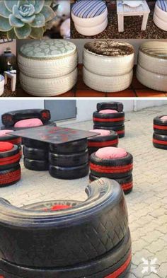 there are many different types of tires on the ground and in front of each other