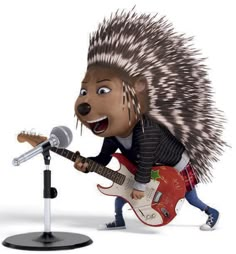 a hedgehog playing guitar and singing into a microphone with an electric guitar in front of him