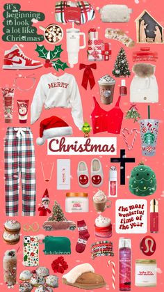 a collage of christmas items on a pink background