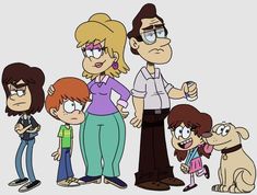 the family is standing together in front of a dog and two people with glasses on