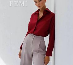 Feminine Boutique- is a women's clothing brand creating elegant formal outfits for confident women. Our designs highlight femininity and refined taste in every detail. Shirt Description: - Fabric: crepe diagonal ( cotton 65%,  polyester 35 %). - Shirt with pocket. -Colors: white, blue, burgundy . -If necessary, we sew the color - black, gray, pink, green.  *write for us and we will send more photo . Shipping: We offer worldwide shipping, and it's already included in the price -- no additional co Burgundy Shirt Outfit Women, Elegant Red Slim Fit Shirt, Elegant Red Business Tops, Elegant Red Office Tops, Red Semi-formal Tops For Spring, Red Semi-formal Top For Fall, Burgundy Shirt, Casual Shirt Women, Sleeve Women