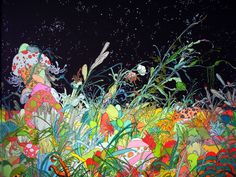 an abstract painting of grass and flowers in the night sky