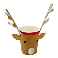 a paper cup with two forks sticking out of it's head and the top is made to look like a deer