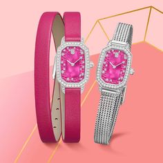 two women's watches and bracelets on a pink background