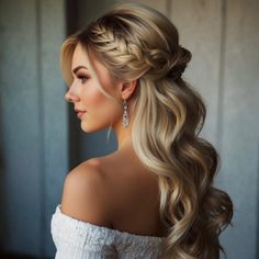 Default Hot white and blonde half up half down prom hairstyles 2 Half Up Glam Hair, Bridal Hair Down And Curled, Long Thick Wedding Hairstyles, Half Up Pageant Hair, Elegant Half Up Half Down Hairstyles Classy, Half Up Half Down Hair Bridesmaid, Blonde Bride Hair, Wedding Hair Blonde, Braided Half Up Half Down Hair