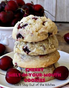 three cookies stacked on top of each other with cherries in the background and text cherry muffin - your - mouth cookies can't stay out of the kitchen