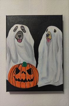 a painting of two dogs in ghost costumes with a jack - o'- lantern