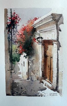 a watercolor painting of an alleyway with red flowers on the door and light pole