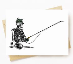 a card with a skeleton holding a fishing rod