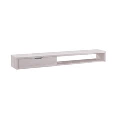 a white wall mounted shelf with two drawers on top and one drawer in the middle