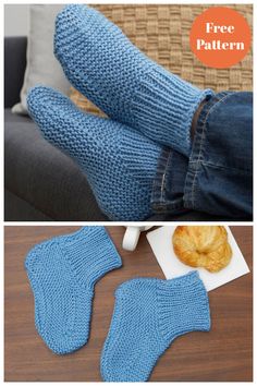 two photos with blue knitted mittens and a donut on the floor next to them