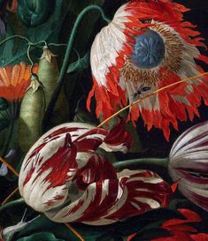 an oil painting of flowers and leaves on a black background with red, white, and blue colors