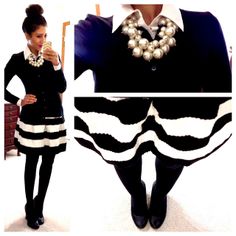 This would be perfect for a business dinner or even a holiday event. Hello, Gorgeous!: threads. Black White Skirt Outfit, Black And White Cardigan Outfit, Black Skirt And White Button Up, Black And White Striped Cardigan Outfit, Chanel Cardigan Outfit Black White, Black White Cardigan, Skirt Tights, Business Dinner, Trendy Party Outfits